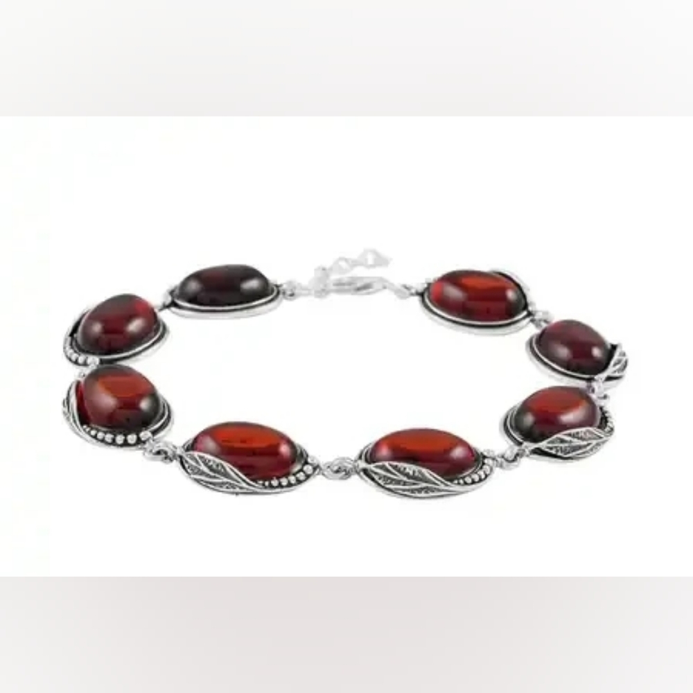 Baltic Cherry Amber Link Bracelet in Sterling Silver 8.5"